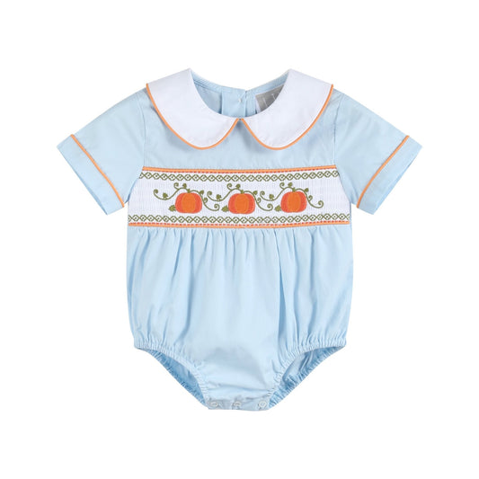 Light Blue Pumpkin Vine Smocked Collared Romper - Abbies Place