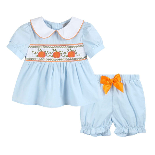 Light Blue Pumpkin Vine Smocked Dress and Bloomers - Abbies Place