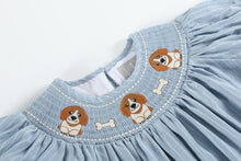 Load image into Gallery viewer, Light Blue Puppy Smocked Bishop Dress
