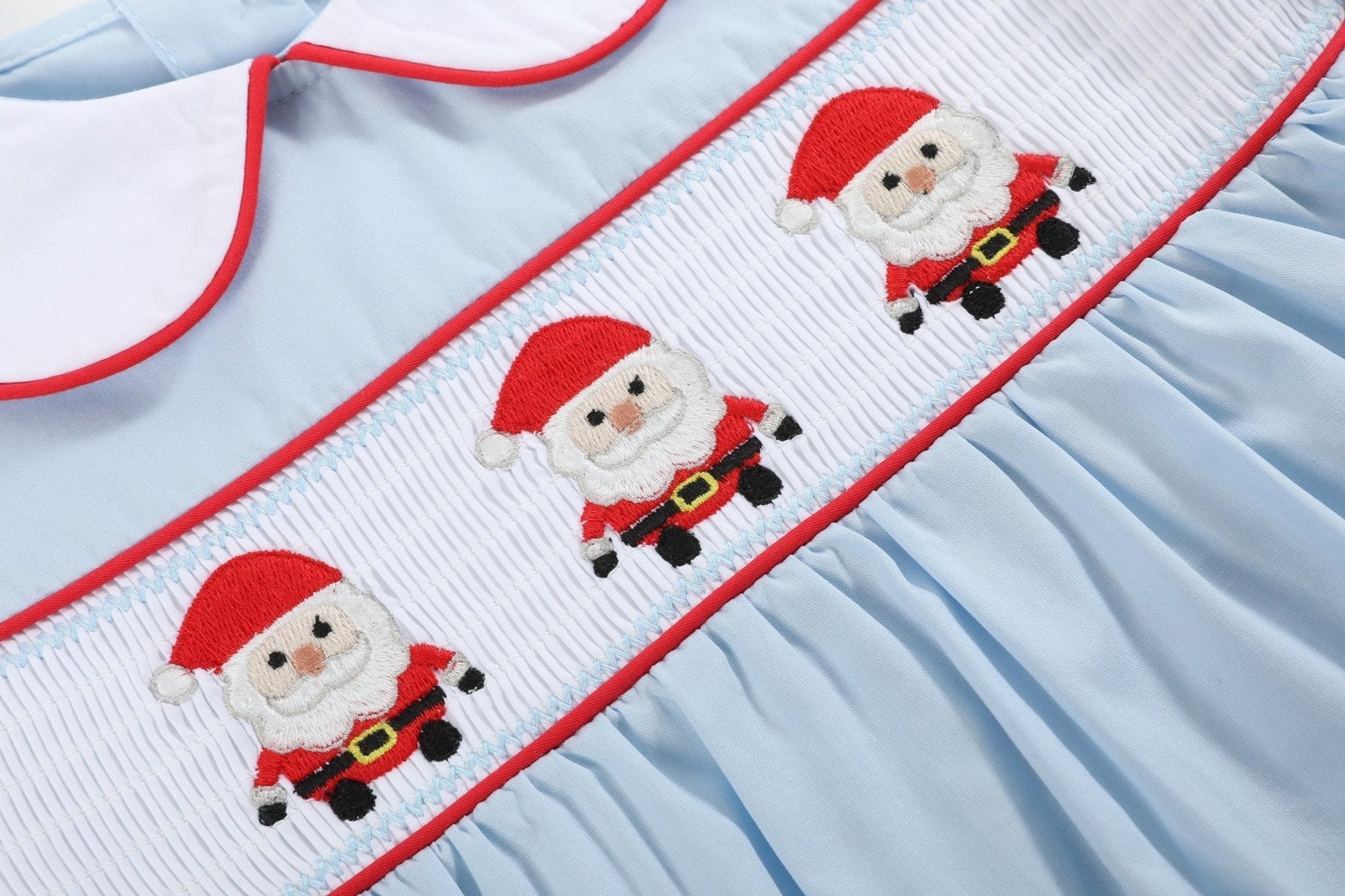 Light Blue Santa Smocked Dress and Bloomers - Abbies Place
