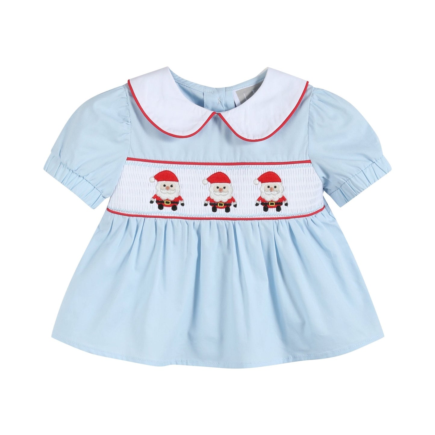 Light Blue Santa Smocked Dress and Bloomers - Abbies Place