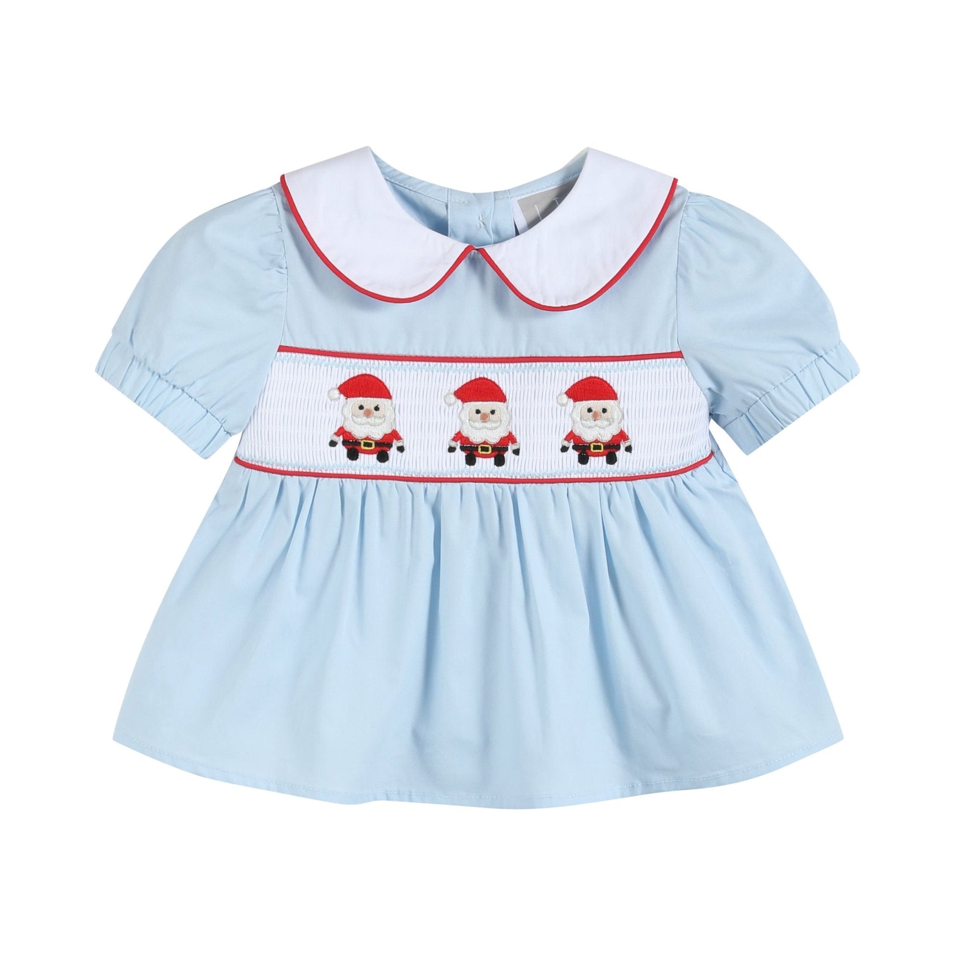 Light Blue Santa Smocked Dress and Bloomers - Abbies Place