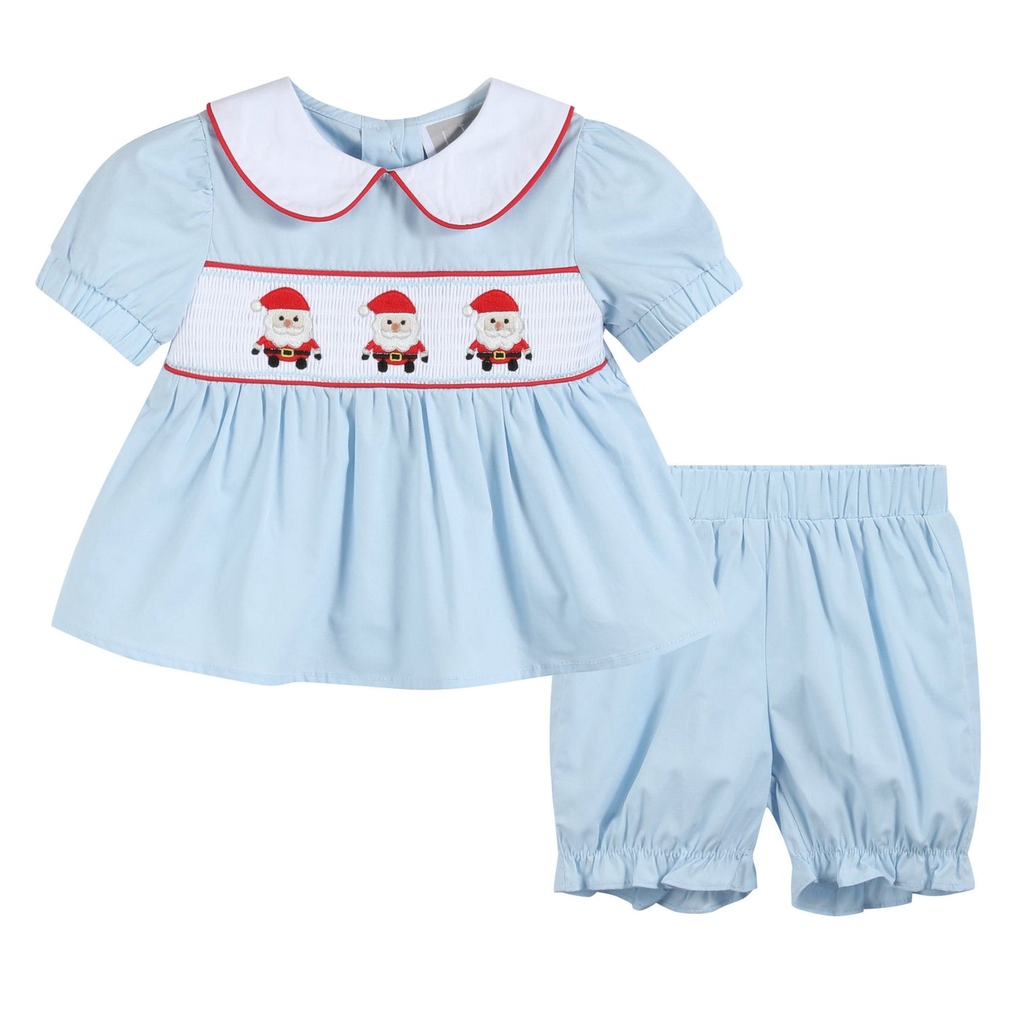 Light Blue Santa Smocked Dress and Bloomers - Abbies Place