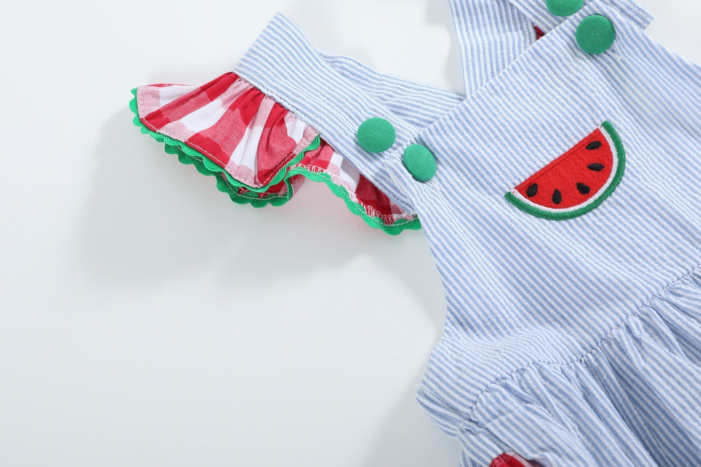 Light Blue Seersucker and Gingham Watermelon Ruffle Romper - Abbies Place
