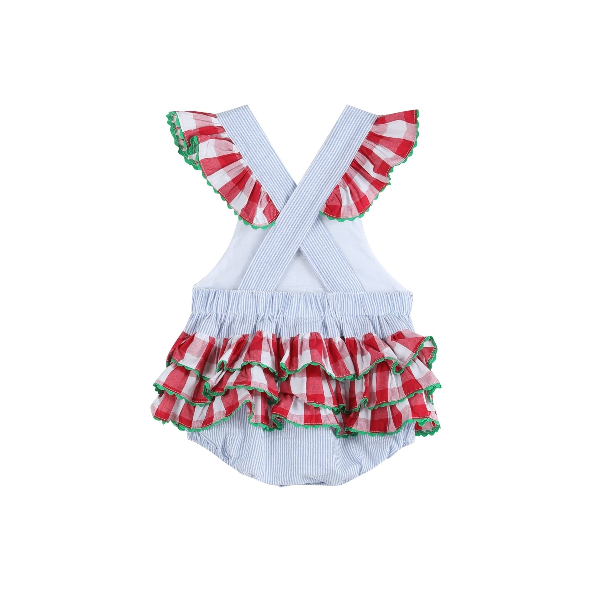 Light Blue Seersucker and Gingham Watermelon Ruffle Romper - Abbies Place