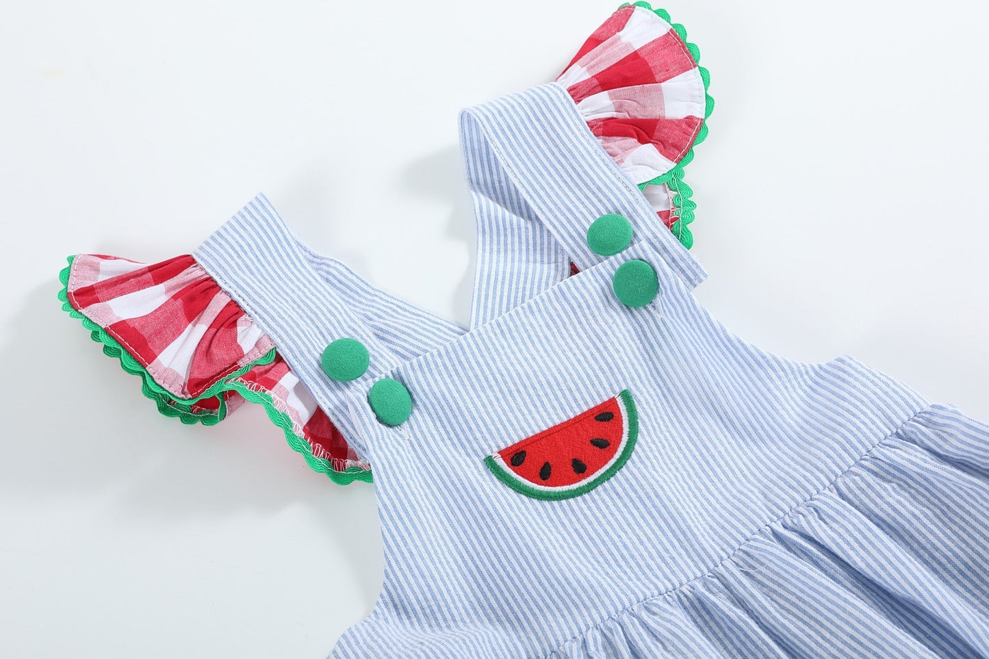 Light Blue Seersucker and Gingham Watermelon Ruffle Romper - Abbies Place