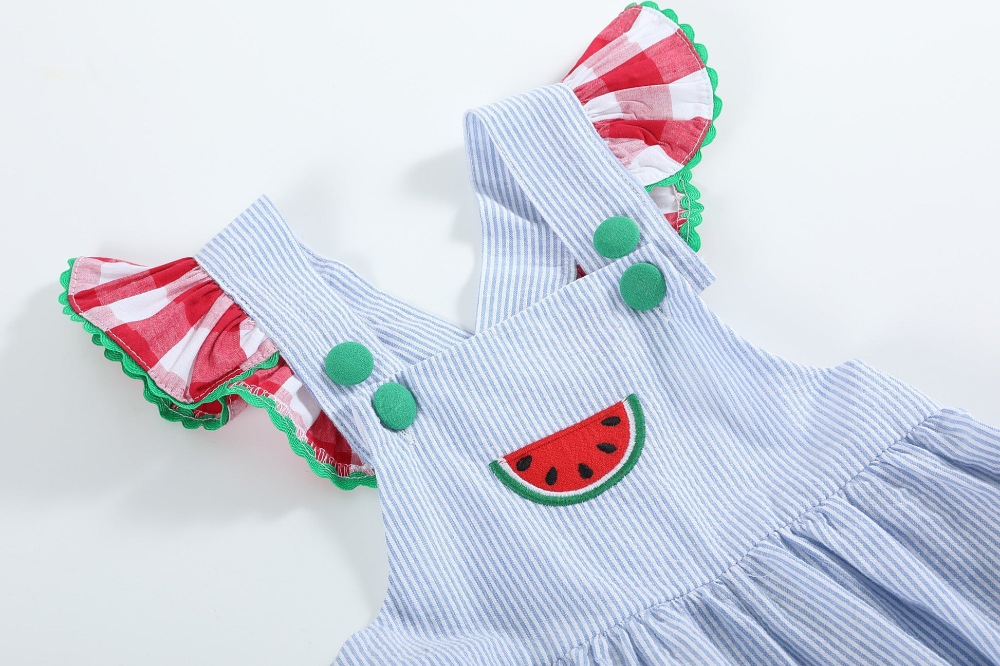 Light Blue Seersucker and Gingham Watermelon Ruffle Romper - Abbies Place