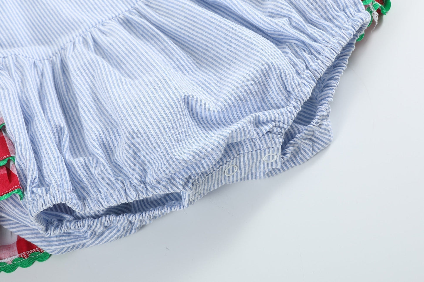 Light Blue Seersucker and Gingham Watermelon Ruffle Romper - Abbies Place