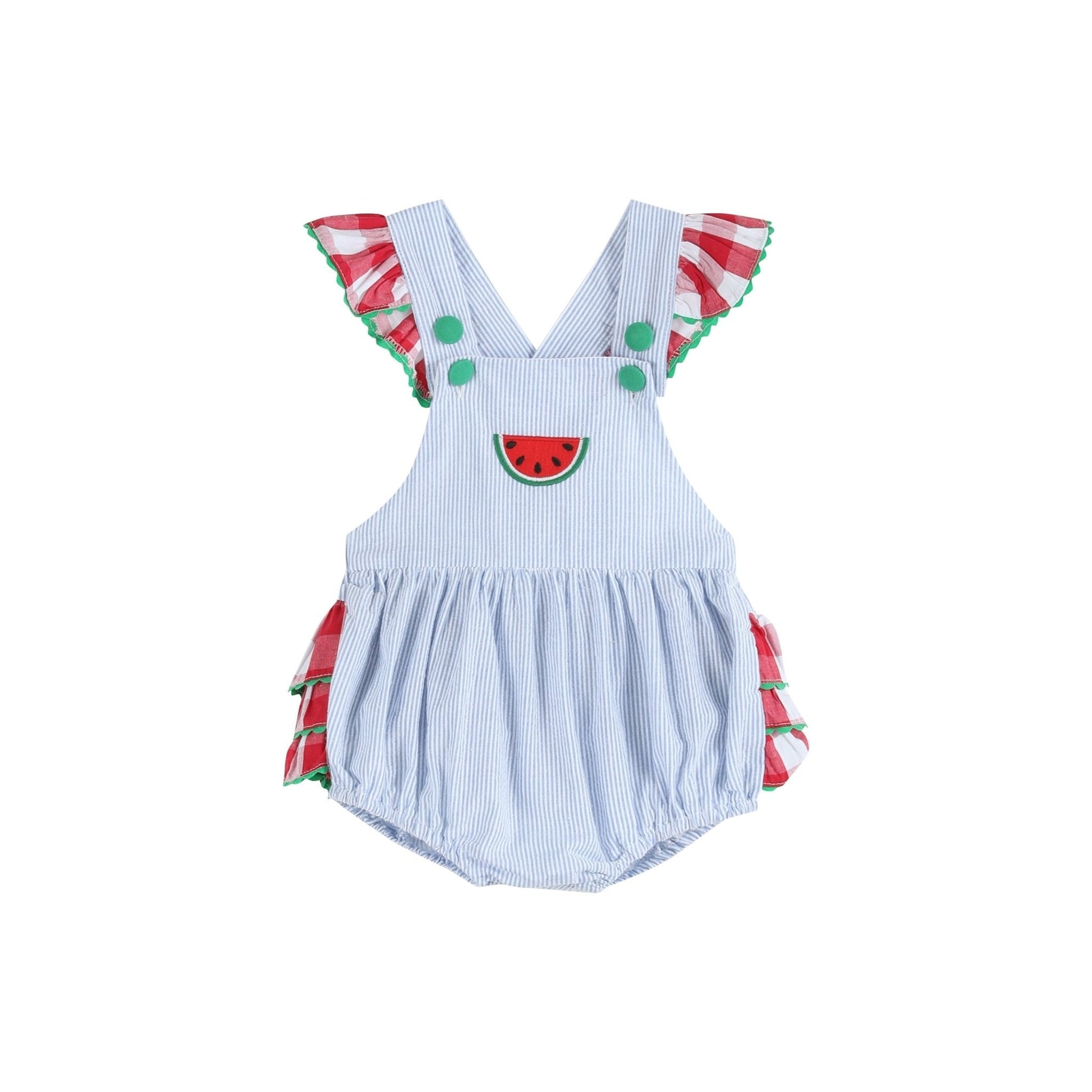 Light Blue Seersucker and Gingham Watermelon Ruffle Romper - Abbies Place