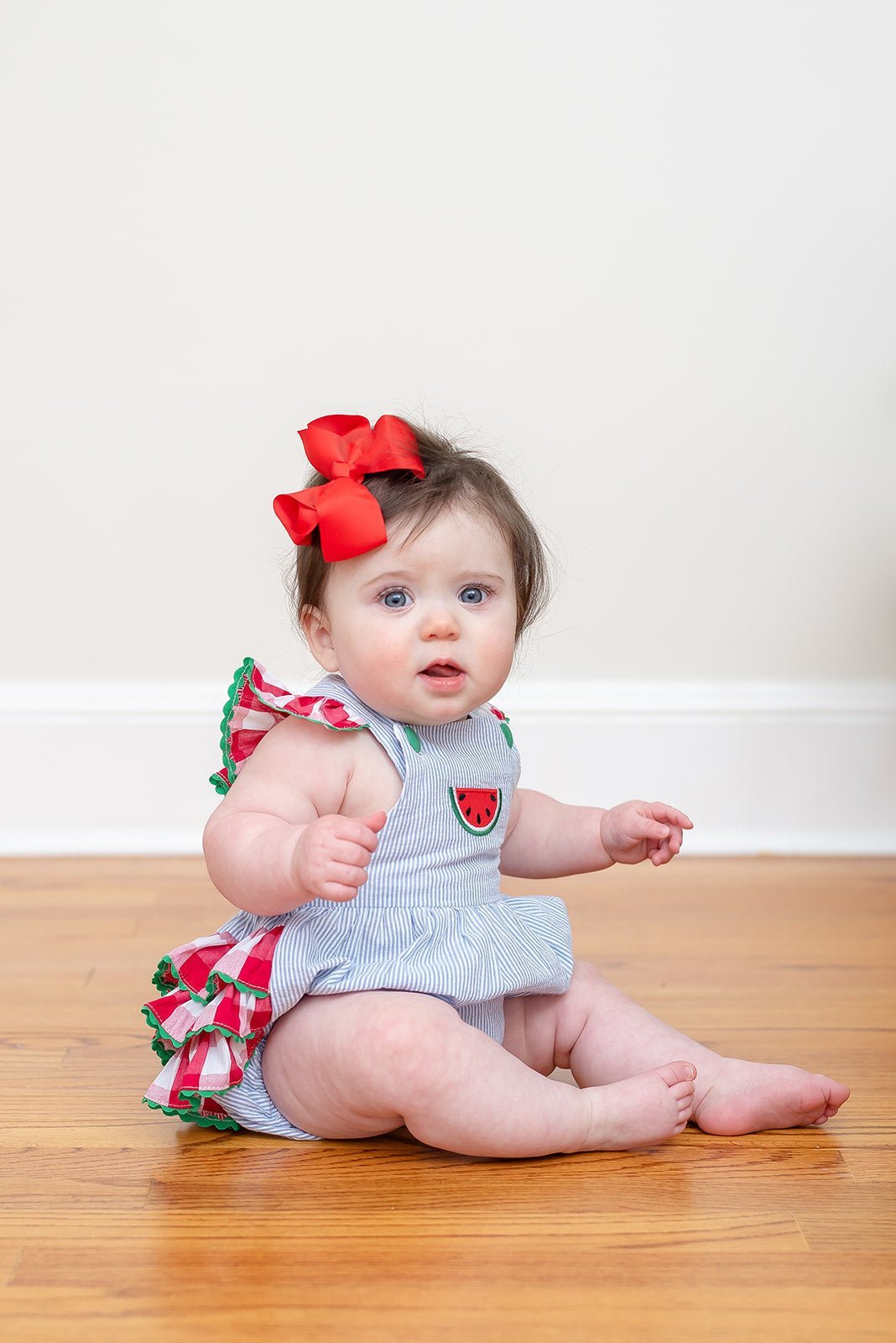 Light Blue Seersucker and Gingham Watermelon Ruffle Romper - Abbies Place