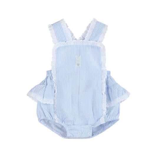 Light Blue Seersucker Easter Bunny Ruffle Romper - Abbies Place