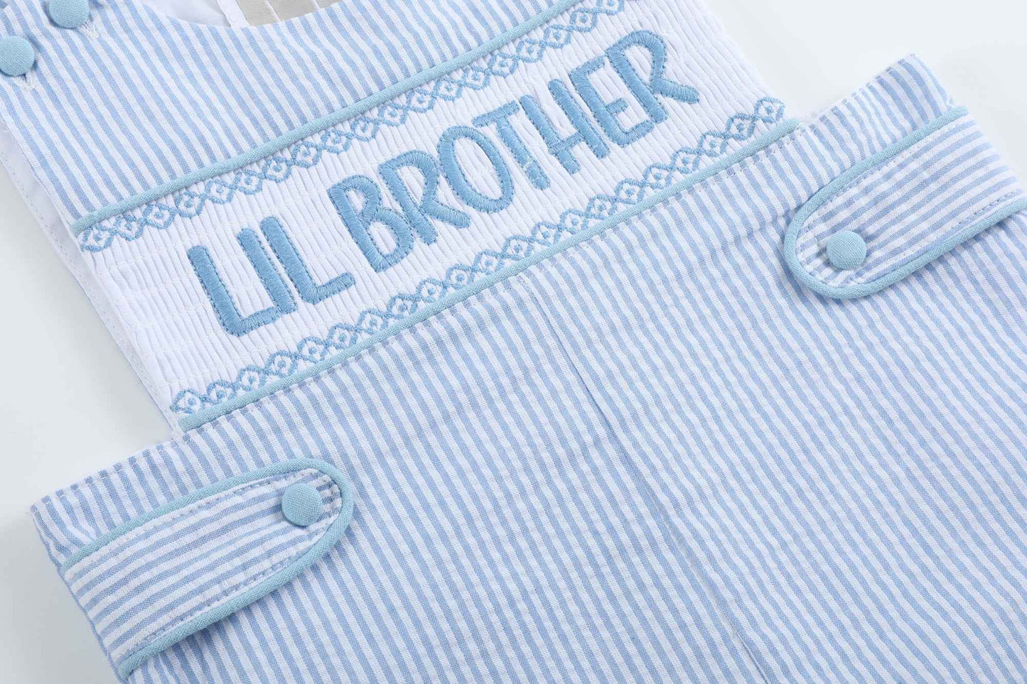 Light Blue Seersucker Lil Brother Smocked Jon Jons - Abbies Place