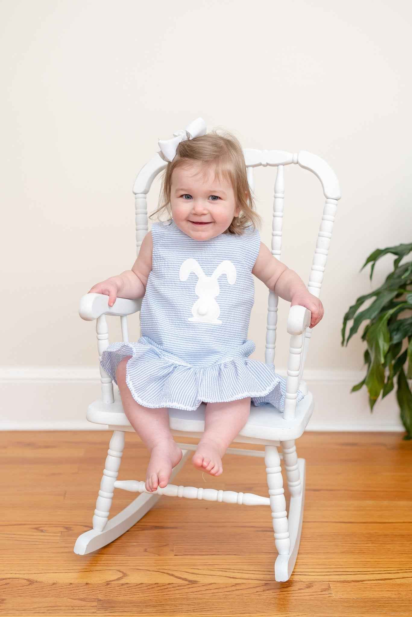 Light Blue Seersucker Pom Pom Bunny Swing Dress