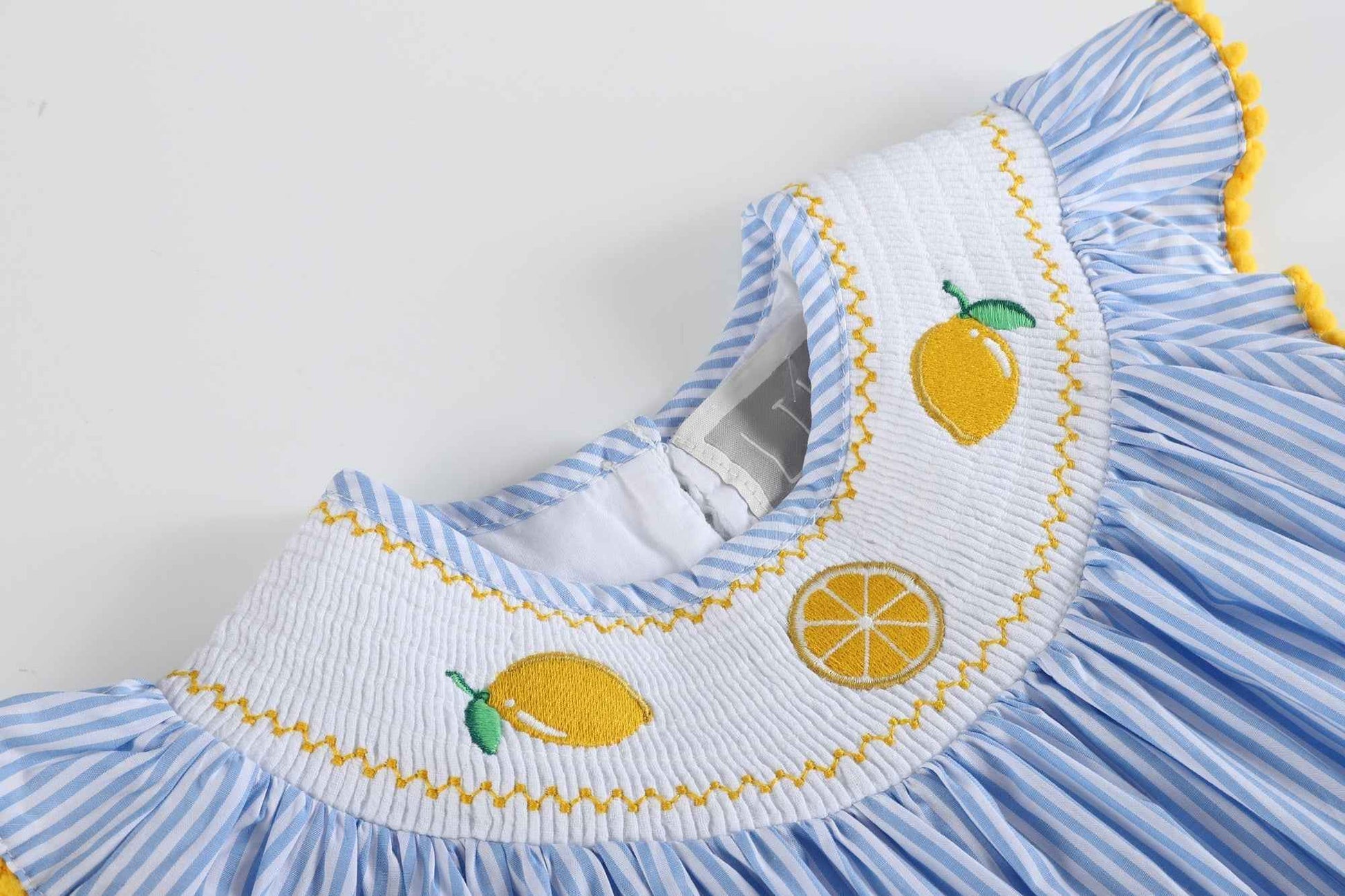 Light Blue Striped Lemons Smocked Bishop Dress - Abbies Place