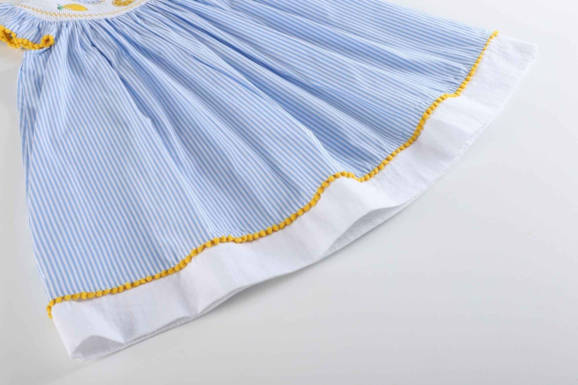 Light Blue Striped Lemons Smocked Bishop Dress - Abbies Place