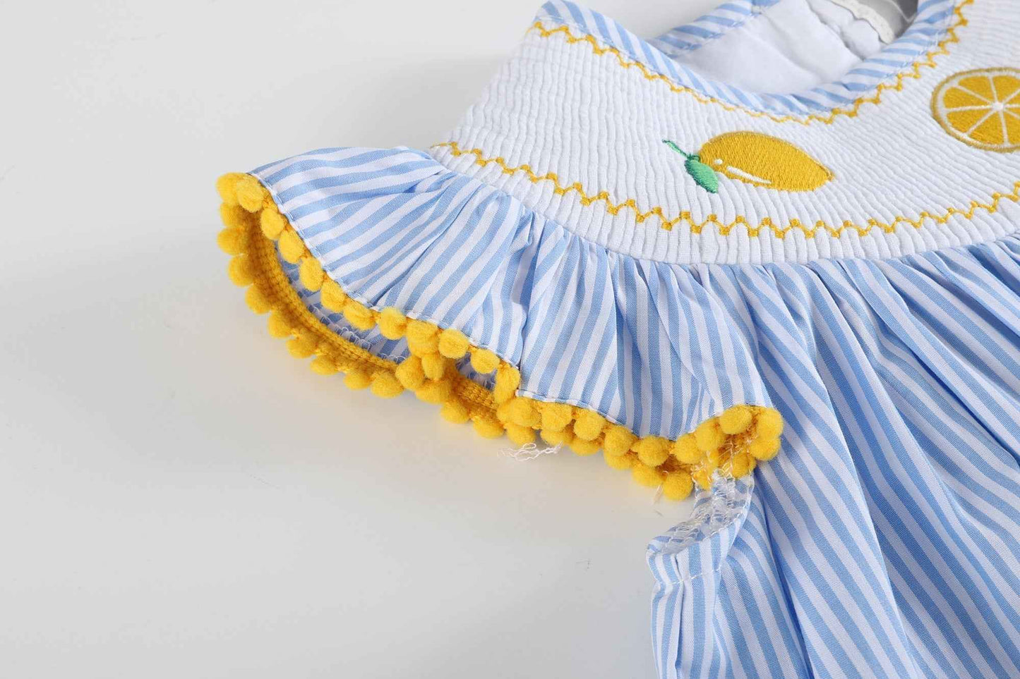 Light Blue Striped Lemons Smocked Bishop Dress - Abbies Place