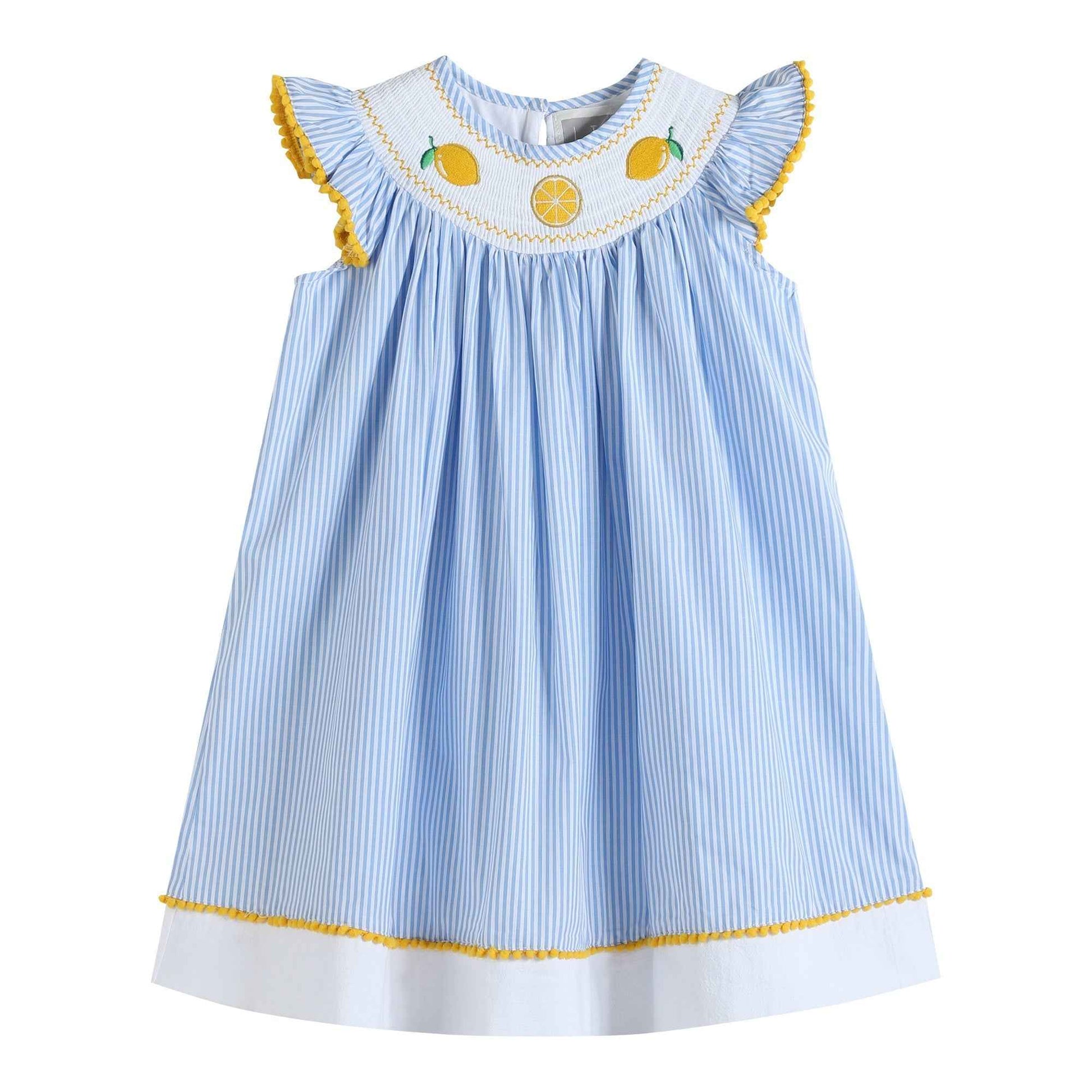 Light Blue Striped Lemons Smocked Bishop Dress - Abbies Place