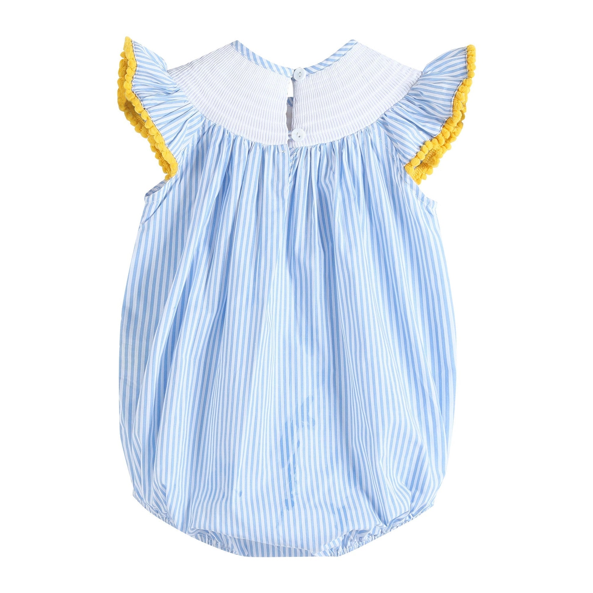 Light Blue Striped Lemons Smocked Ruffle Romper - Abbies Place