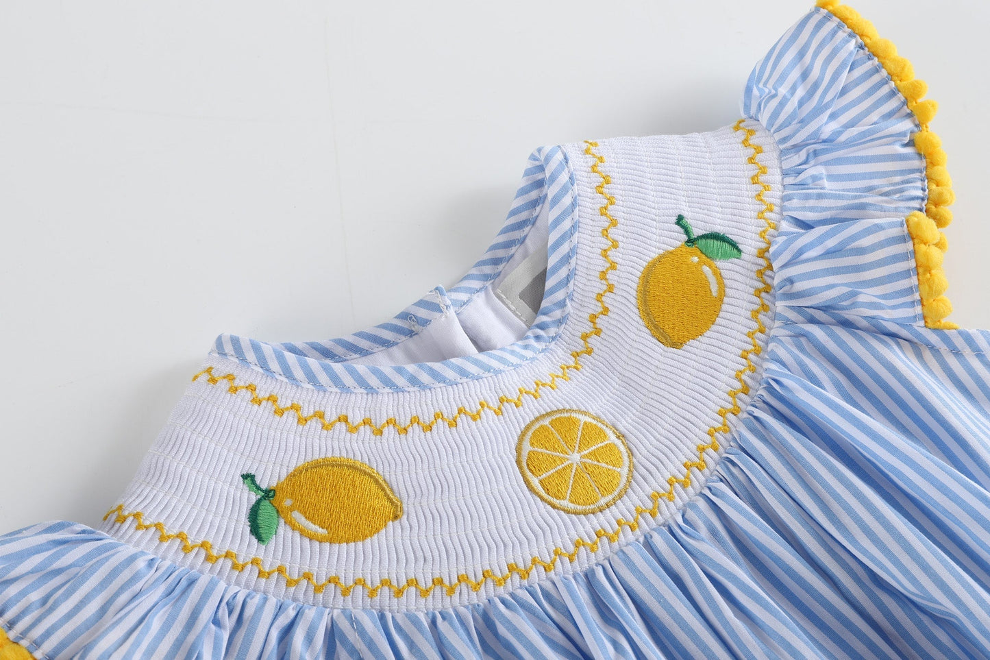 Light Blue Striped Lemons Smocked Ruffle Romper - Abbies Place