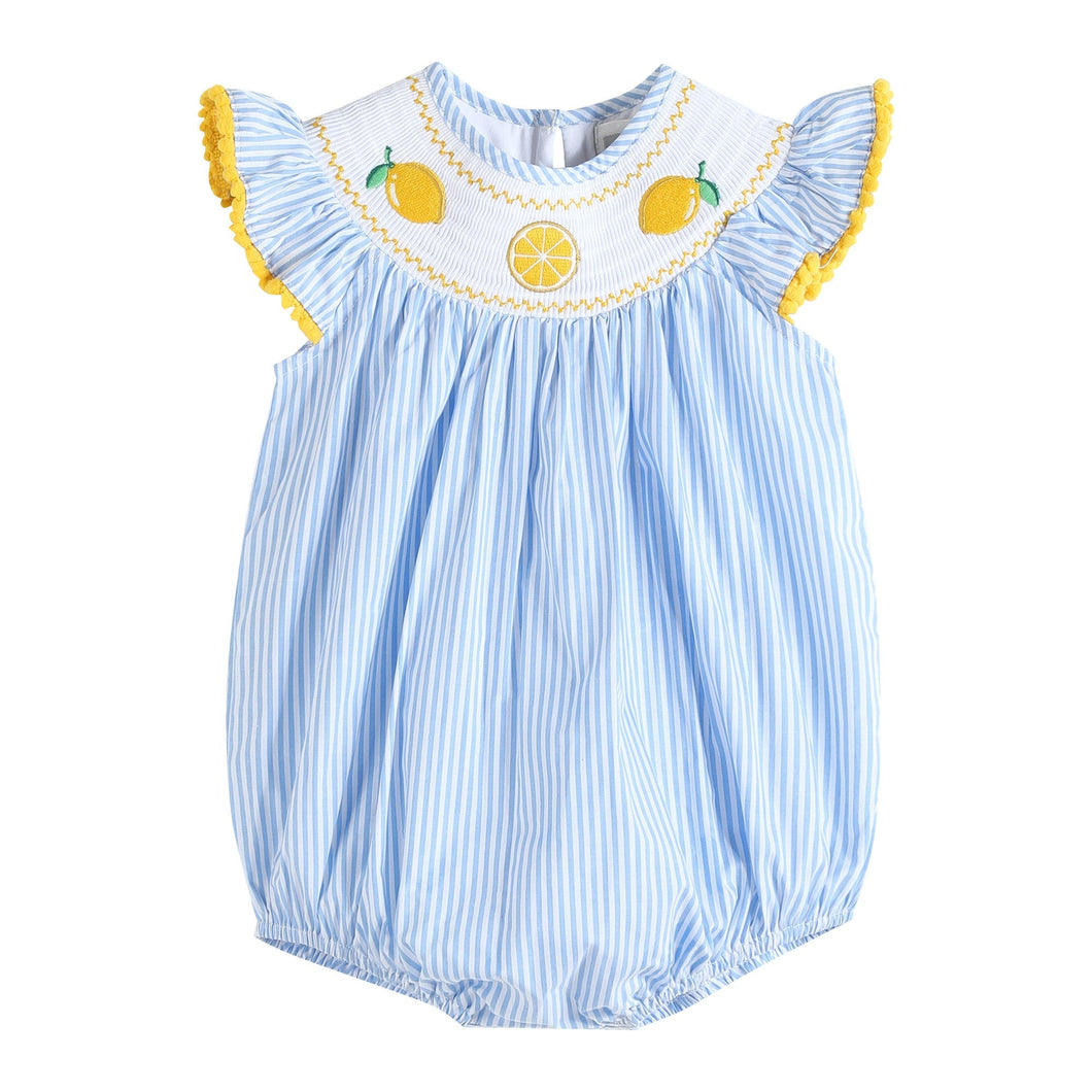 Light Blue Striped Lemons Smocked Ruffle Romper