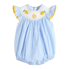 Load image into Gallery viewer, Light Blue Striped Lemons Smocked Ruffle Romper
