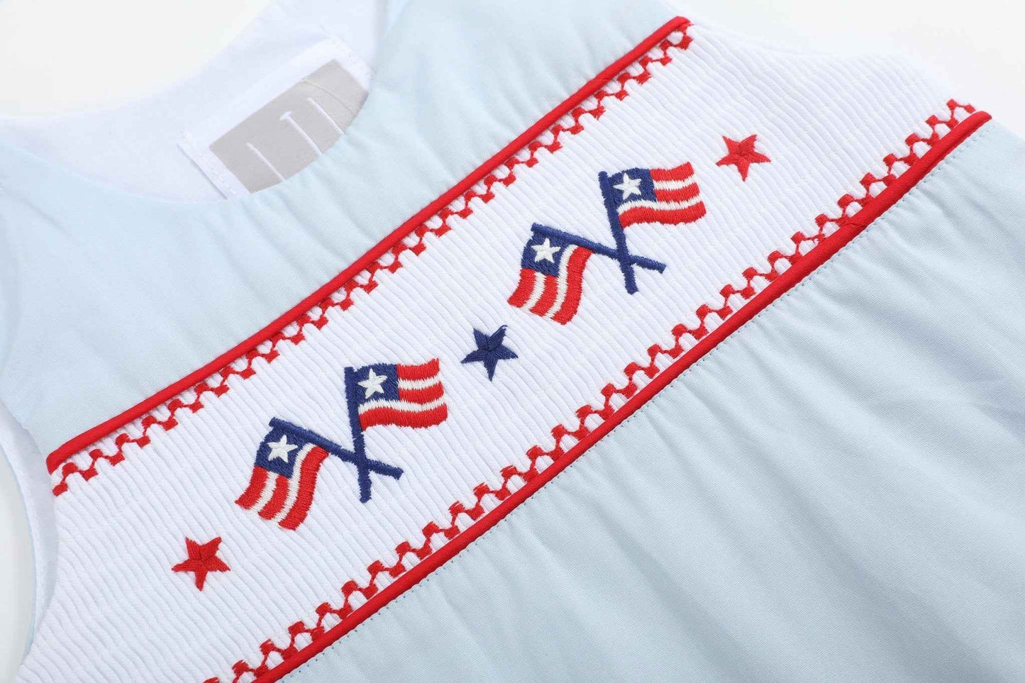 Light Blue USA Flag Smocked Shortalls - Abbies Place