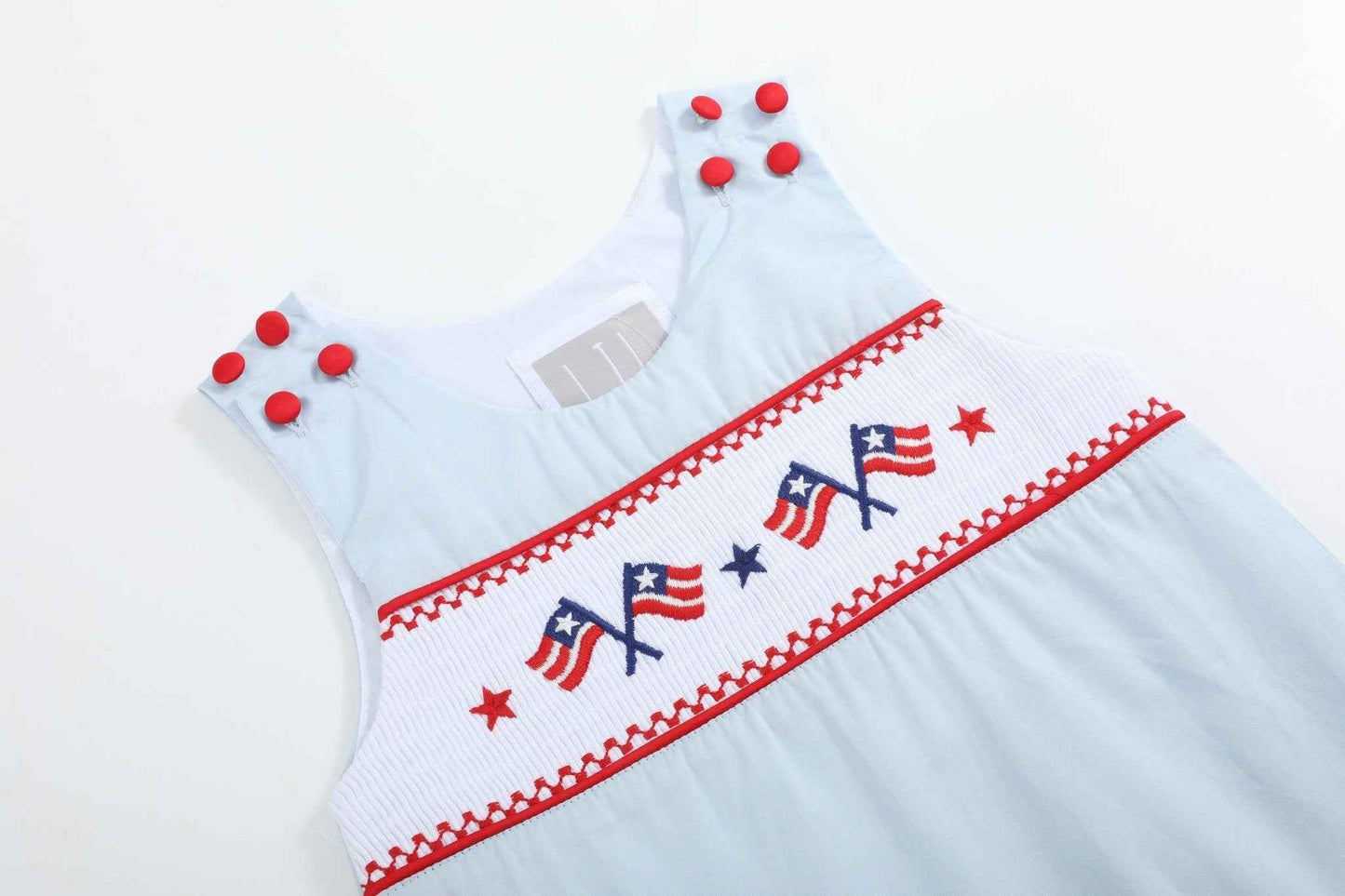 Light Blue USA Flag Smocked Shortalls - Abbies Place