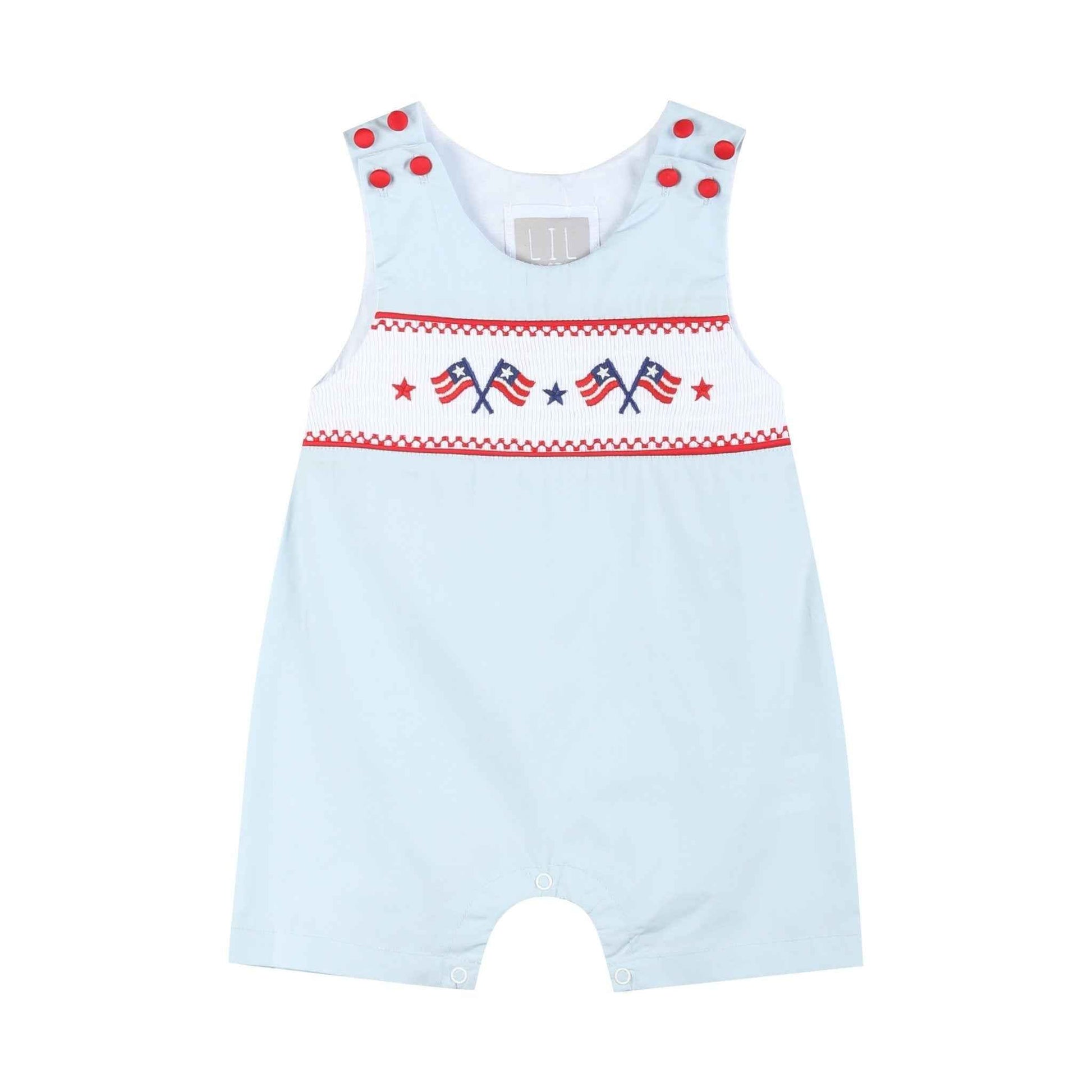 Light Blue USA Flag Smocked Shortalls - Abbies Place