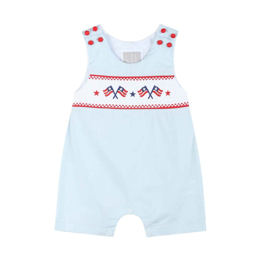 Light Blue USA Flag Smocked Shortalls - Abbies Place