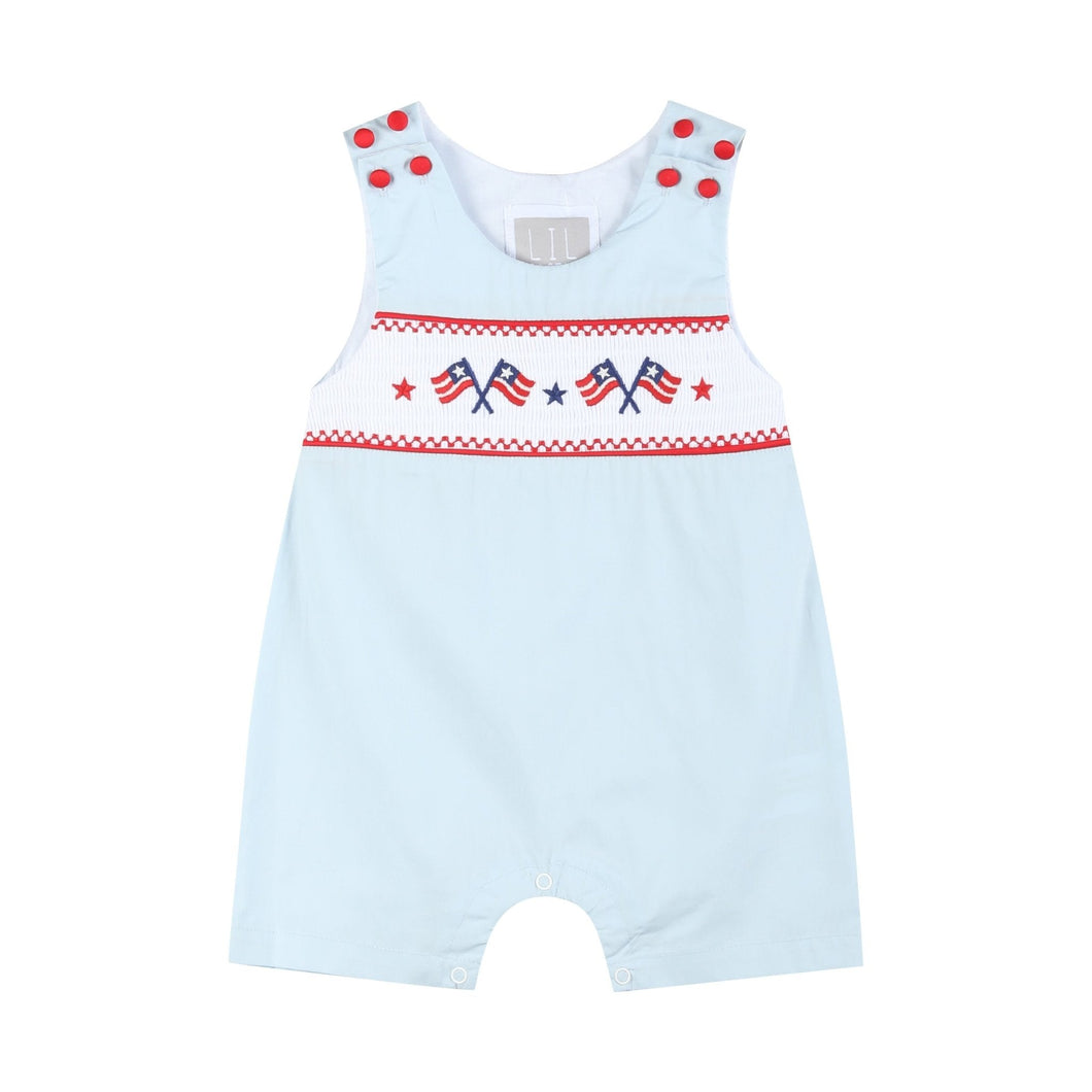 Light Blue USA Flag Smocked Shortalls