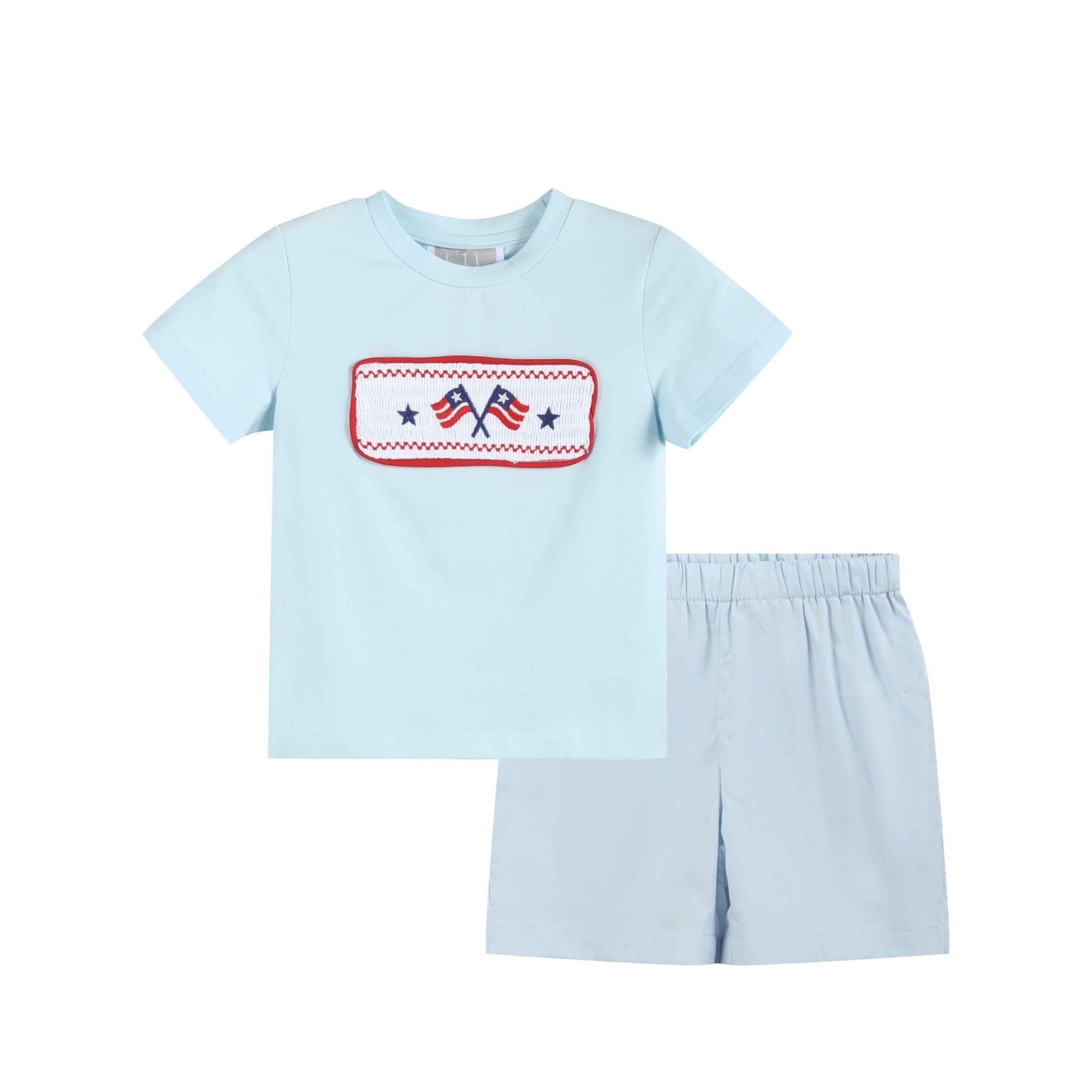 Light Blue USA Flag Smocked T-Shirt and Shorts Set - Abbies Place