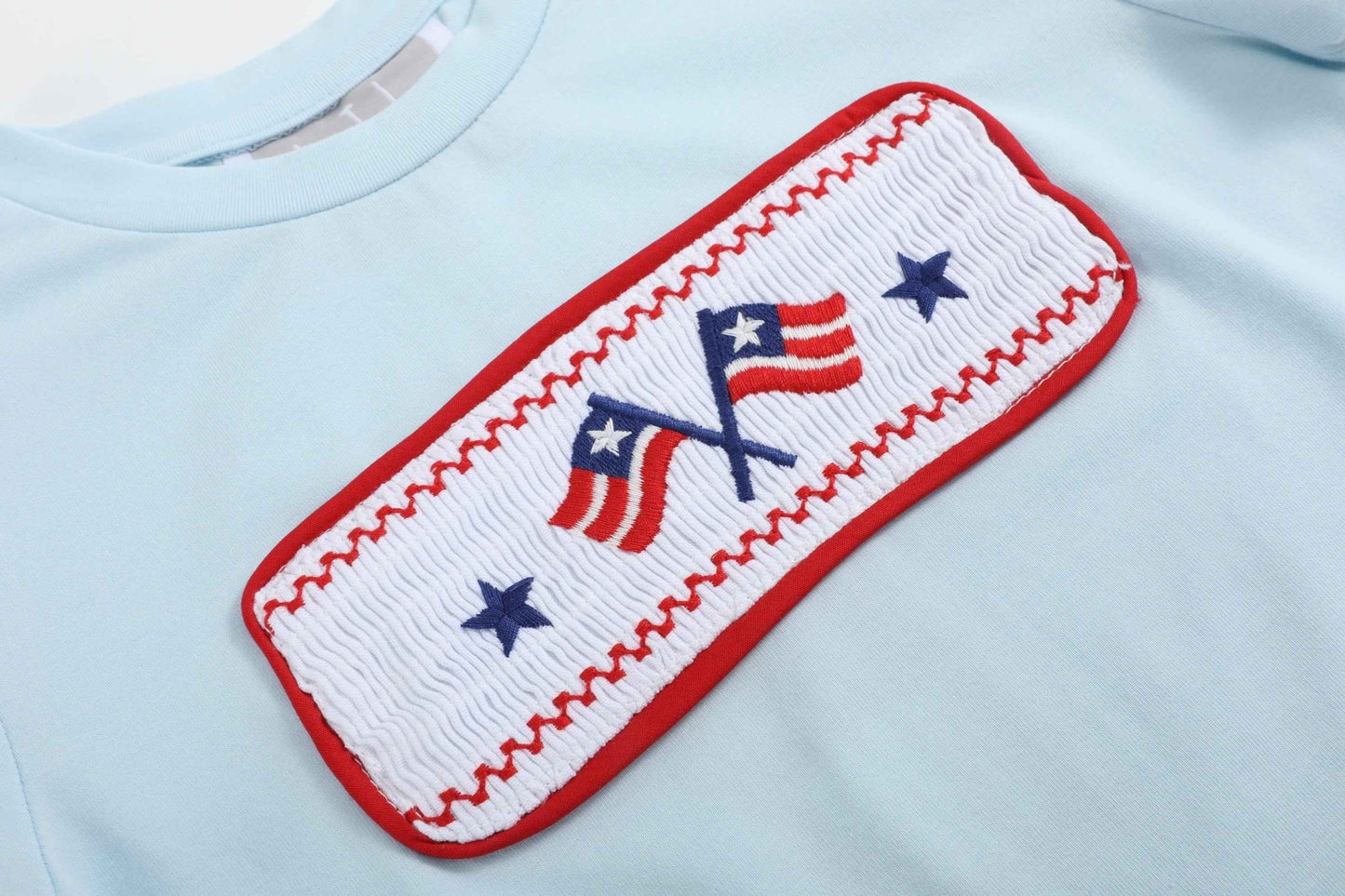 Light Blue USA Flag Smocked T-Shirt and Shorts Set - Abbies Place