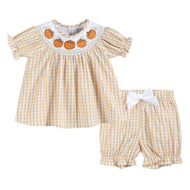 Light Brown Gingham Pumpkin Vine Dress and Bloomer Set