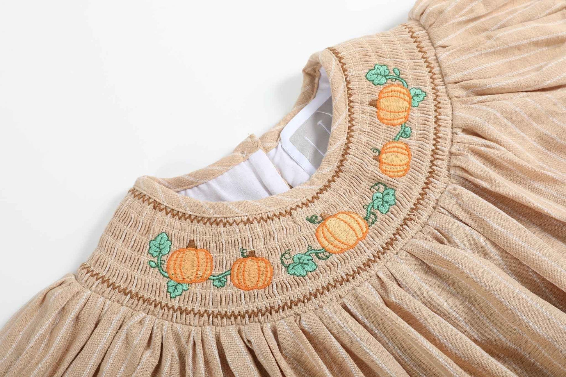 Light Brown Pinstripe Pumpkin Smocked Bishop Dress - Abbies Place