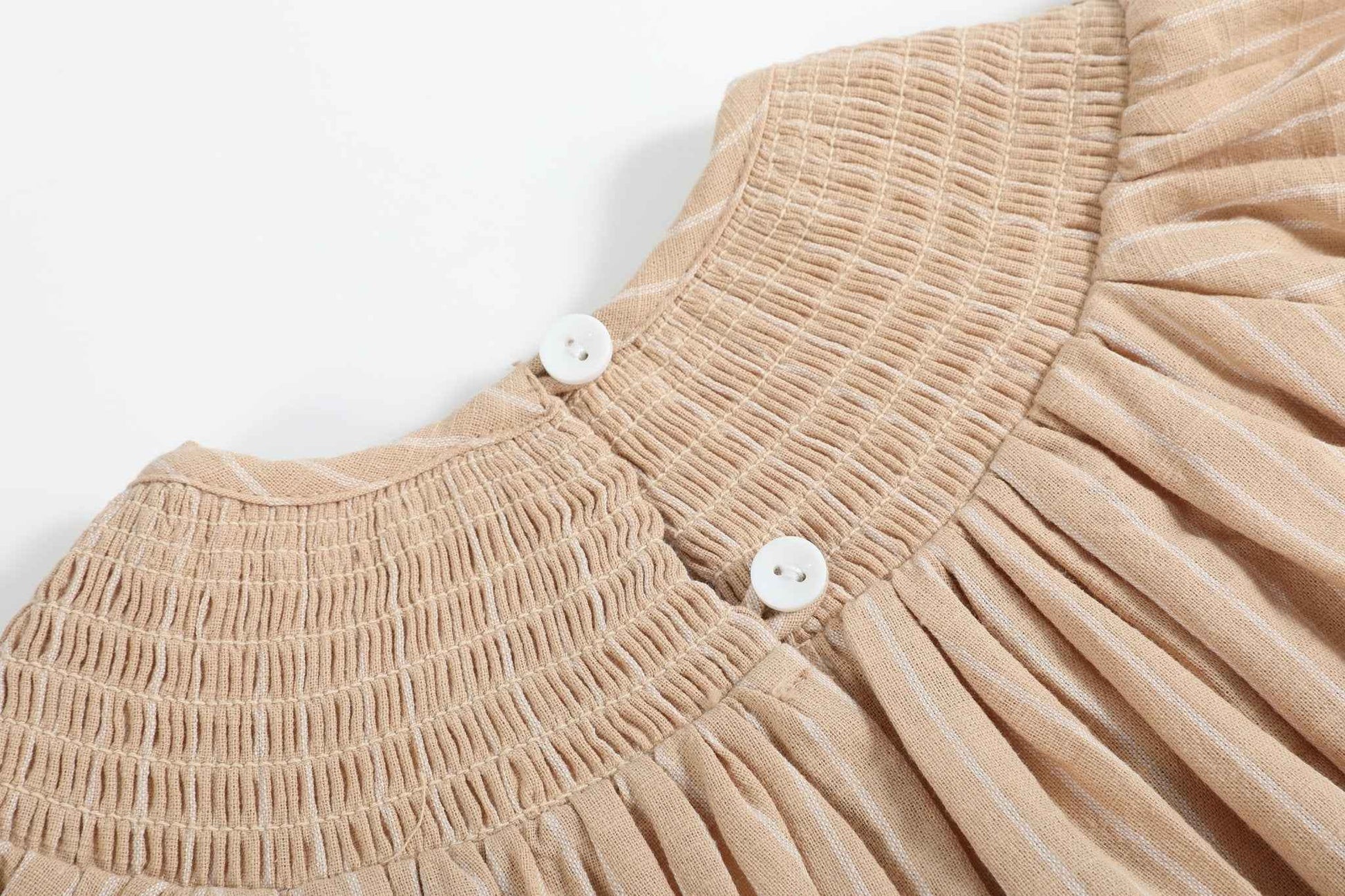 Light Brown Pinstripe Pumpkin Smocked Bishop Dress - Abbies Place