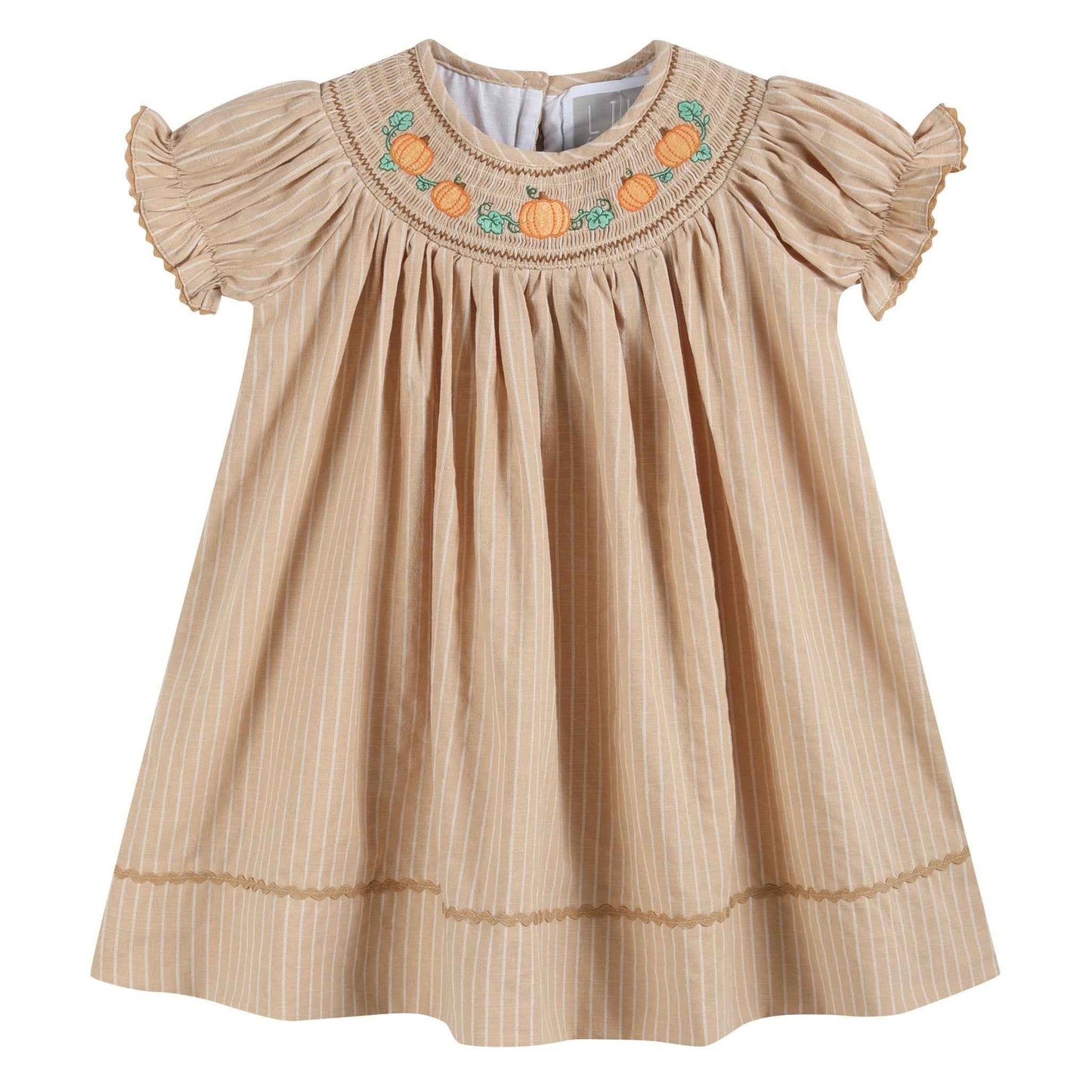 Light Brown Pinstripe Pumpkin Smocked Bishop Dress - Abbies Place