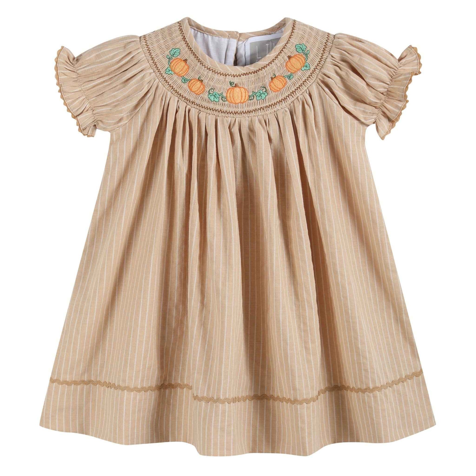 Light Brown Pinstripe Pumpkin Smocked Bishop Dress - Abbies Place