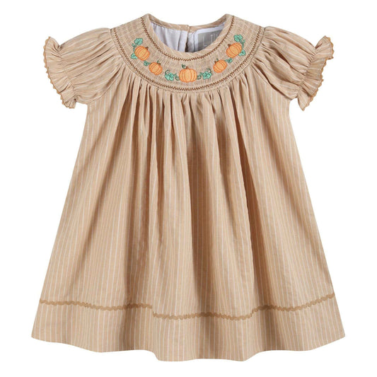 Light Brown Pinstripe Pumpkin Smocked Bishop Dress - Abbies Place