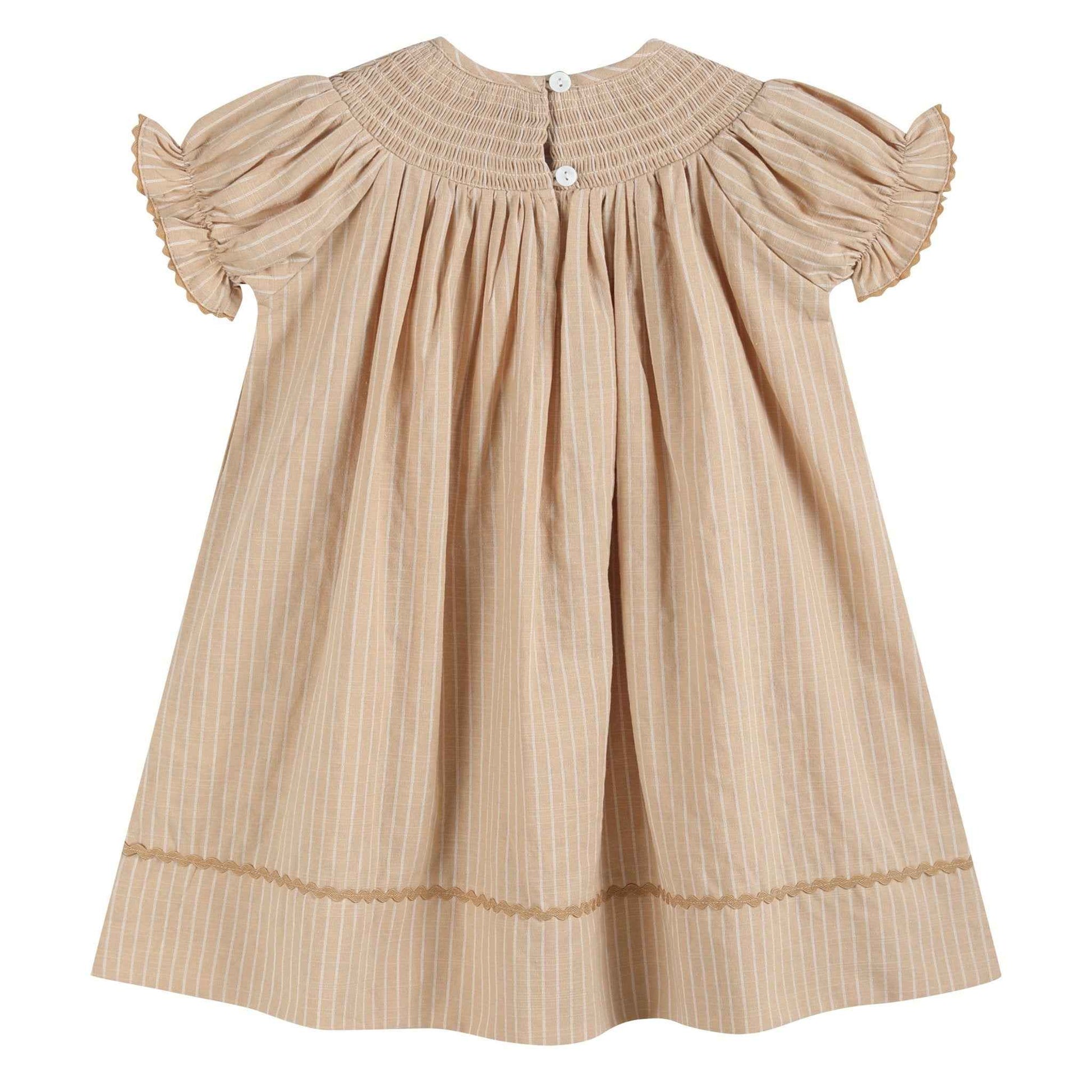 Light Brown Pinstripe Pumpkin Smocked Bishop Dress - Abbies Place