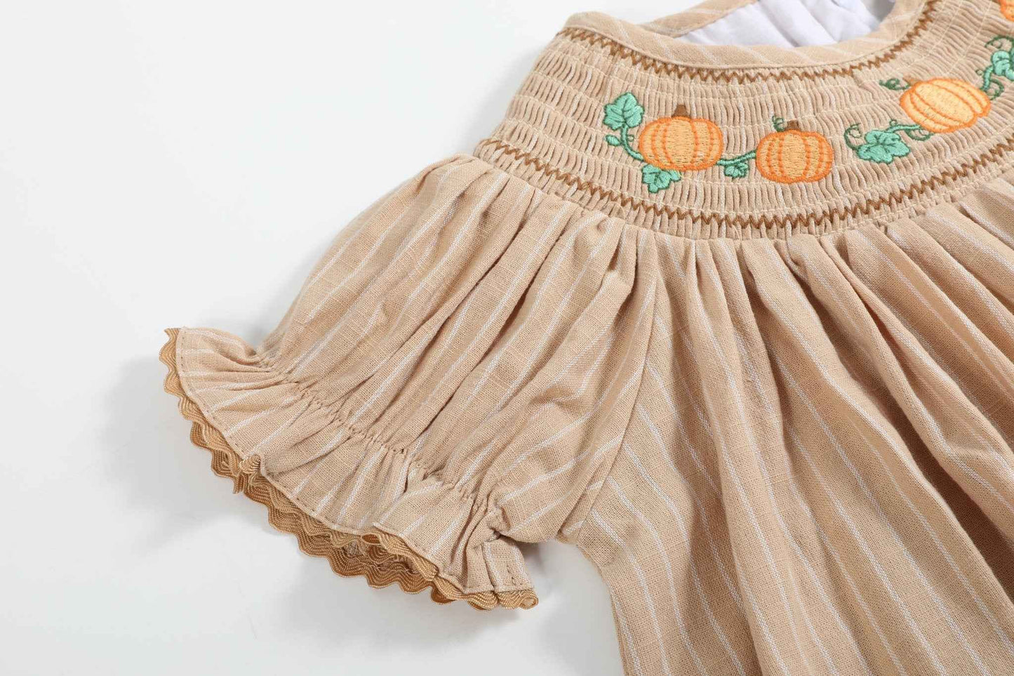 Light Brown Pinstripe Pumpkin Smocked Bishop Dress - Abbies Place