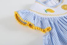 Load image into Gallery viewer, Light Blue Striped Lemons Smocked Bishop Dress
