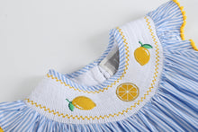 Load image into Gallery viewer, Light Blue Striped Lemons Smocked Bishop Dress
