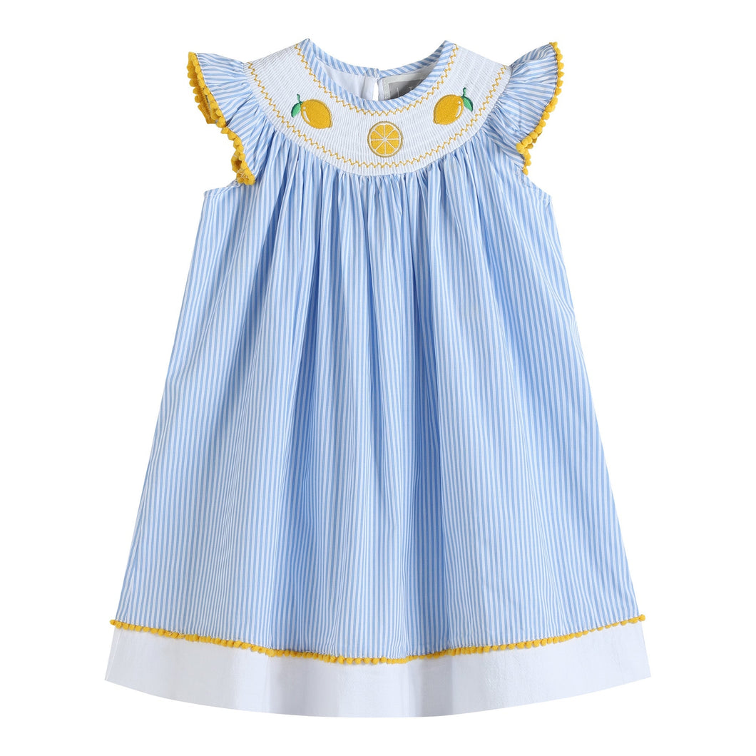 Light Blue Striped Lemons Smocked Bishop Dress