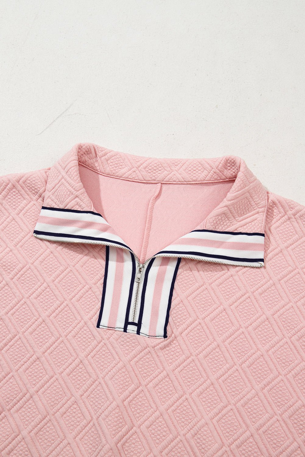 Light Pink Contrast Striped Collar Patchwork Textured Half Sleeve Blouse - Abbies Place