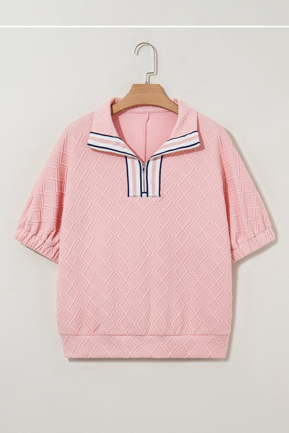 Light Pink Contrast Striped Collar Patchwork Textured Half Sleeve Blouse - Abbies Place