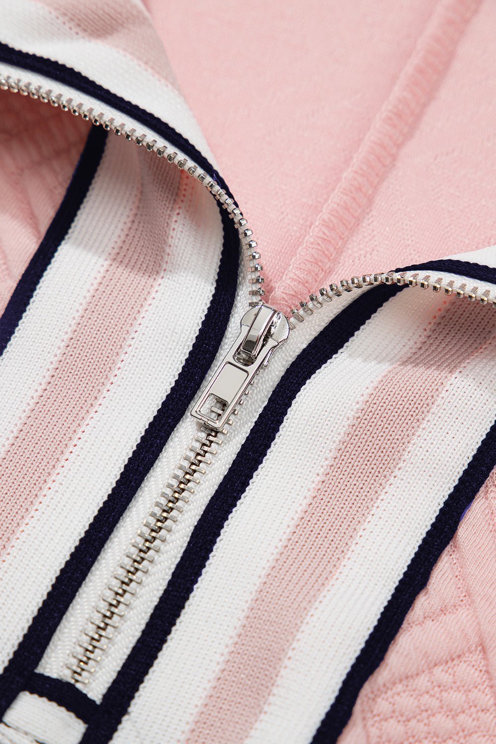 Light Pink Contrast Striped Collar Patchwork Textured Half Sleeve Blouse - Abbies Place