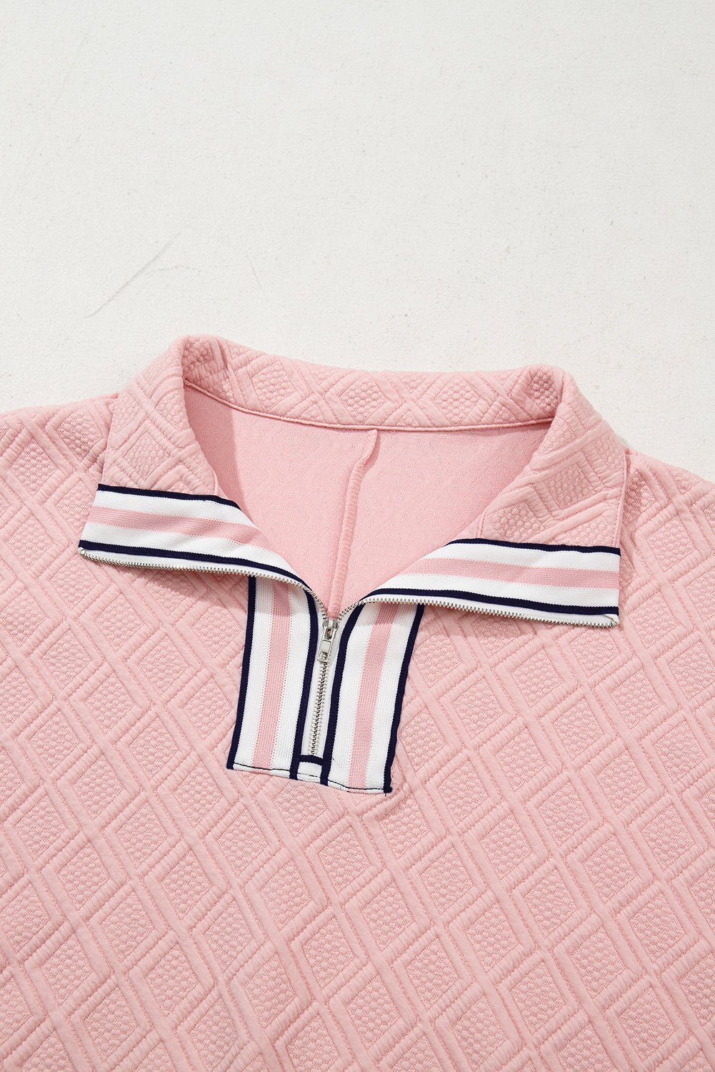 Light Pink Contrast Striped Collar Patchwork Textured Half Sleeve Blouse - Abbies Place