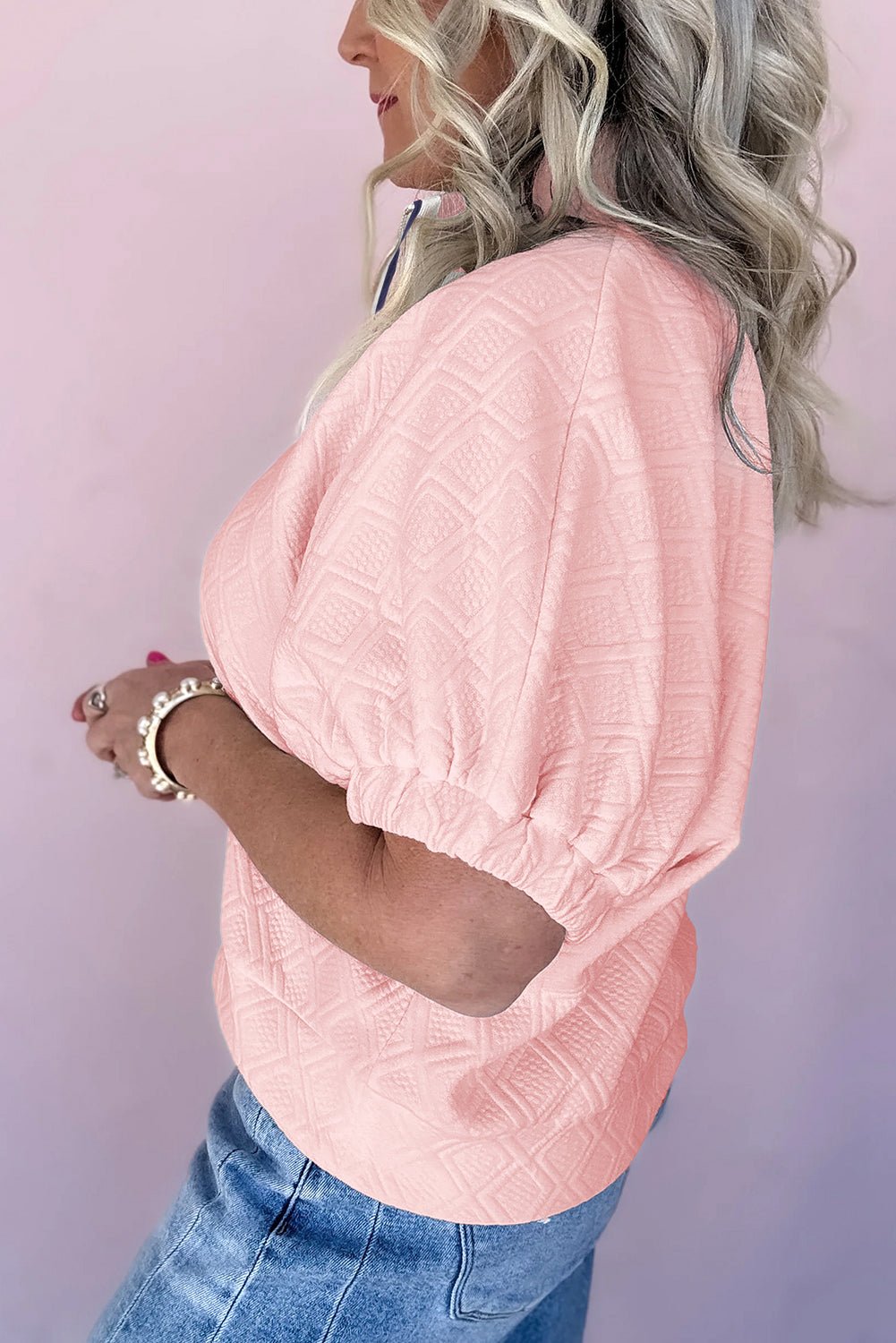 Light Pink Contrast Striped Collar Patchwork Textured Half Sleeve Blouse - Abbies Place