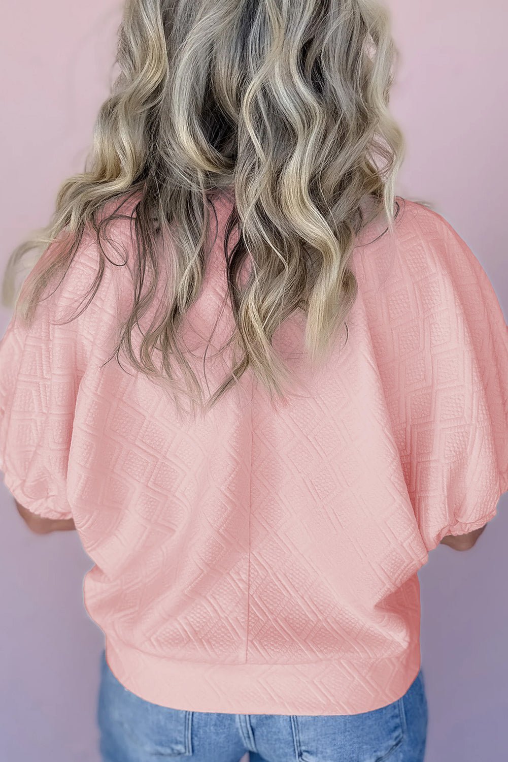 Light Pink Contrast Striped Collar Patchwork Textured Half Sleeve Blouse - Abbies Place