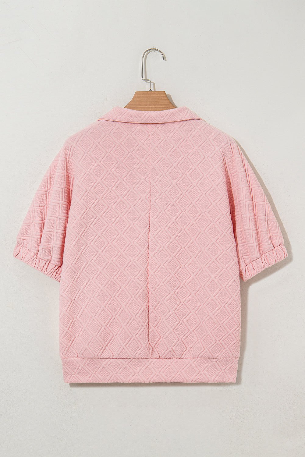 Light Pink Contrast Striped Collar Patchwork Textured Half Sleeve Blouse - Abbies Place